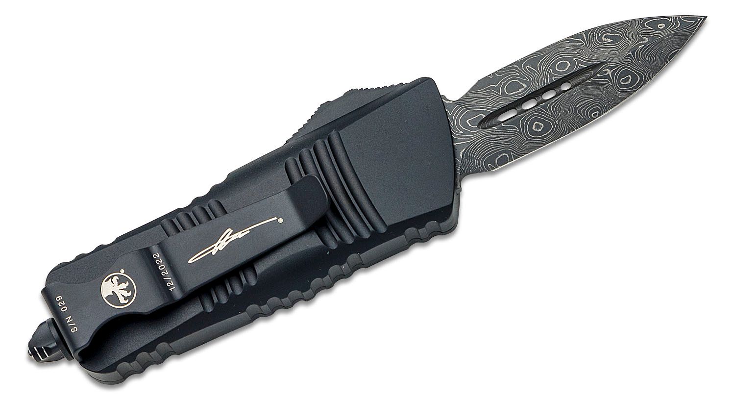 MICROTECH 238-16 S TROODON MINI D/E SIGNATURE SERIES DAMASCUS STANDARD RINGED HARDWARE